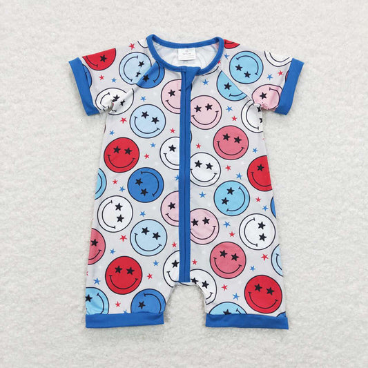 SR0692  Smiling Stars Print Baby 4th of July Zipper Sleeper Romper