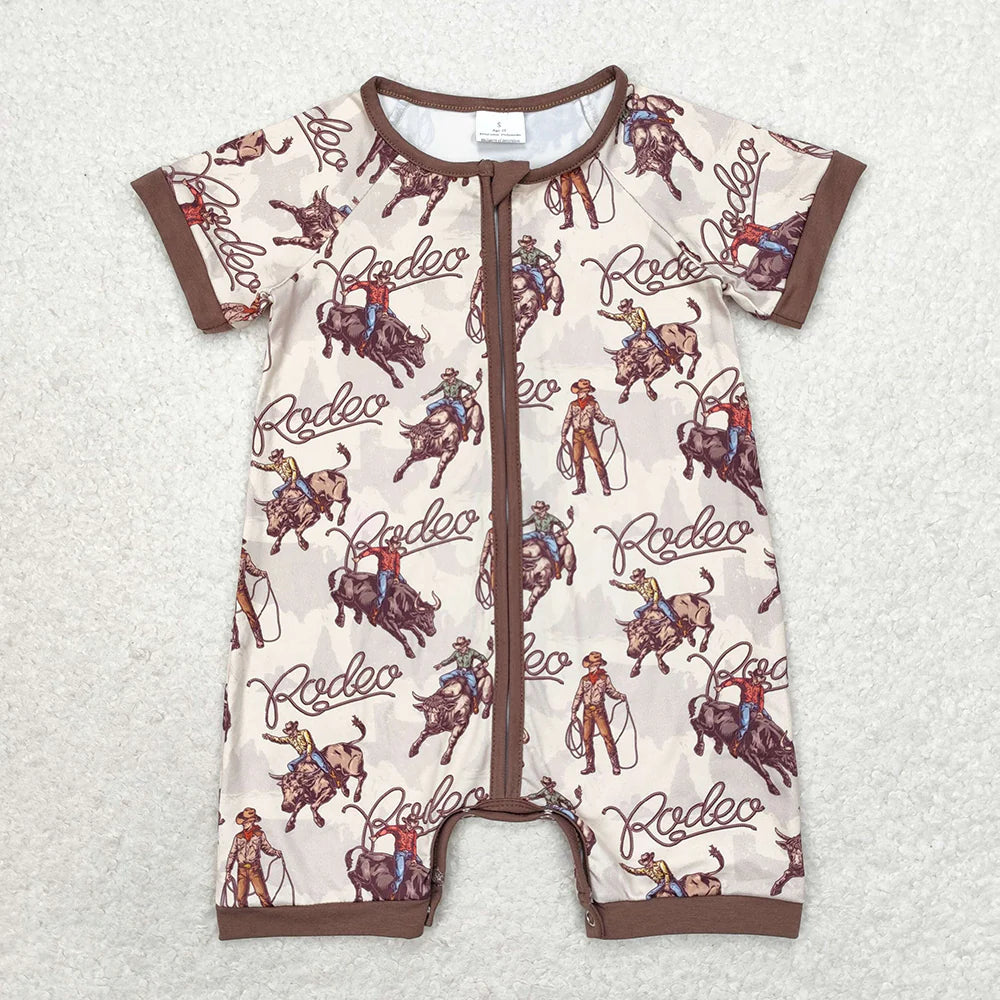 Sibling Baby Infant Boys Western Cowboys Short Sleeve Zip Rompers