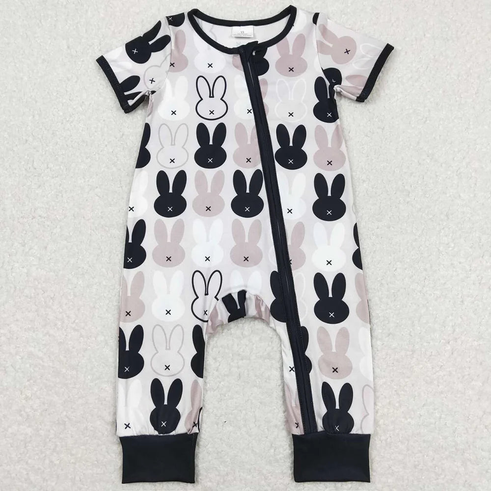 Sibling Baby Boys Raster Black Rabbits Short Sleeve Pajam  Set Romper T-shirts