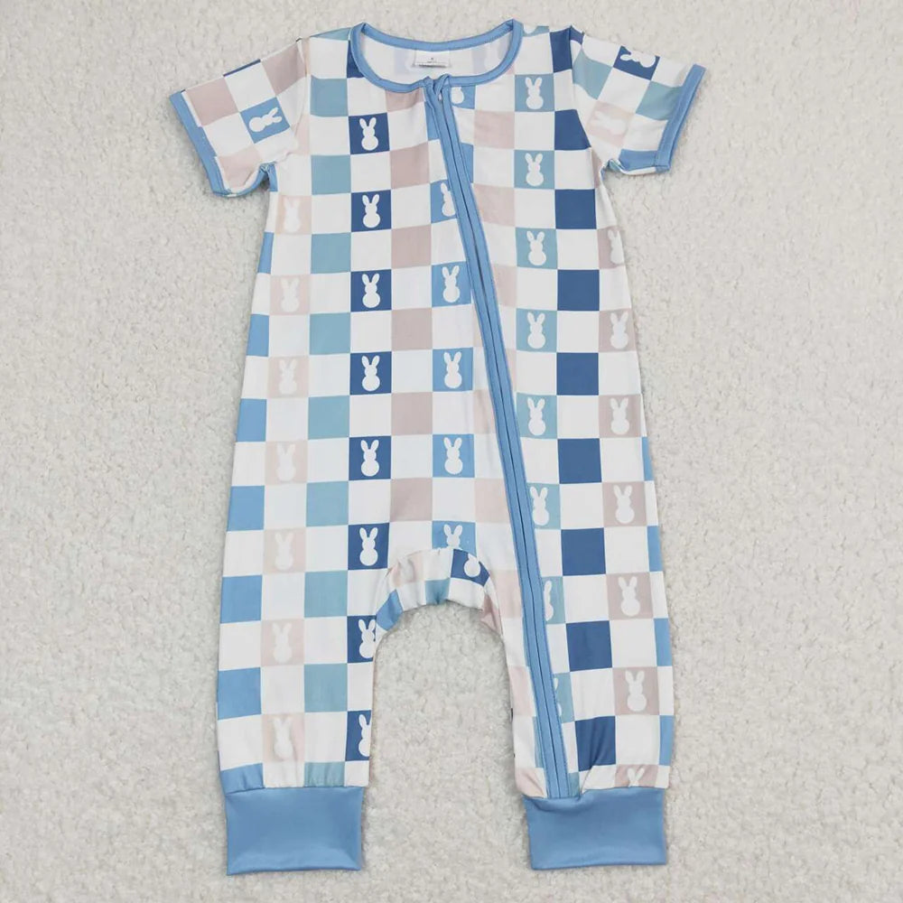 Sibling Baby Boys Blue Black Rabbits Checked Short Sleeve Pajam  Set Romper T-shirts