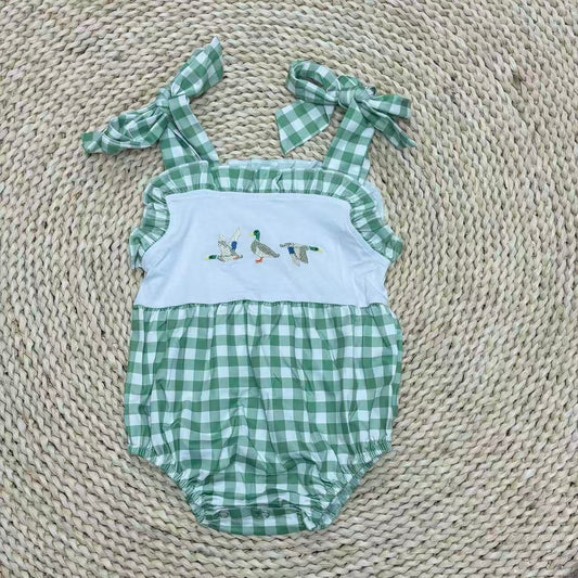 Sibliong Baby Gingham Hunting Duck Embroidery Bubble Romper