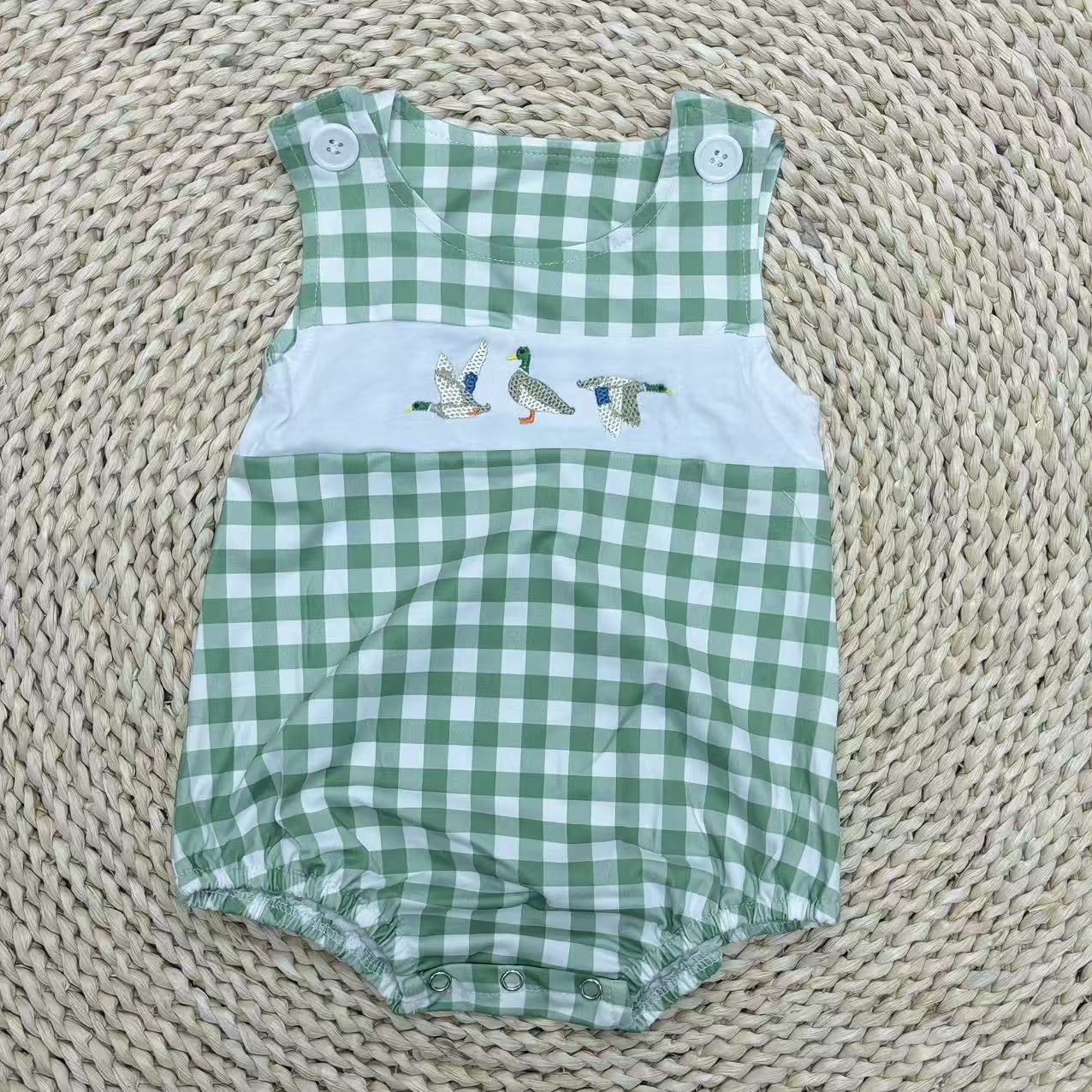 Sibliong Baby Gingham Hunting Duck Embroidery Bubble Romper