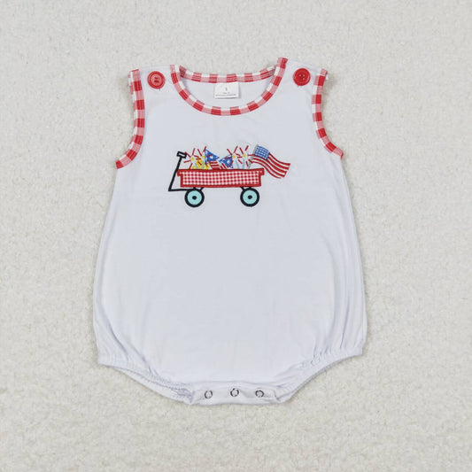 SR1078 Flag Tractor Embroidery White Baby Boys 4th of July Sleeveless Romper