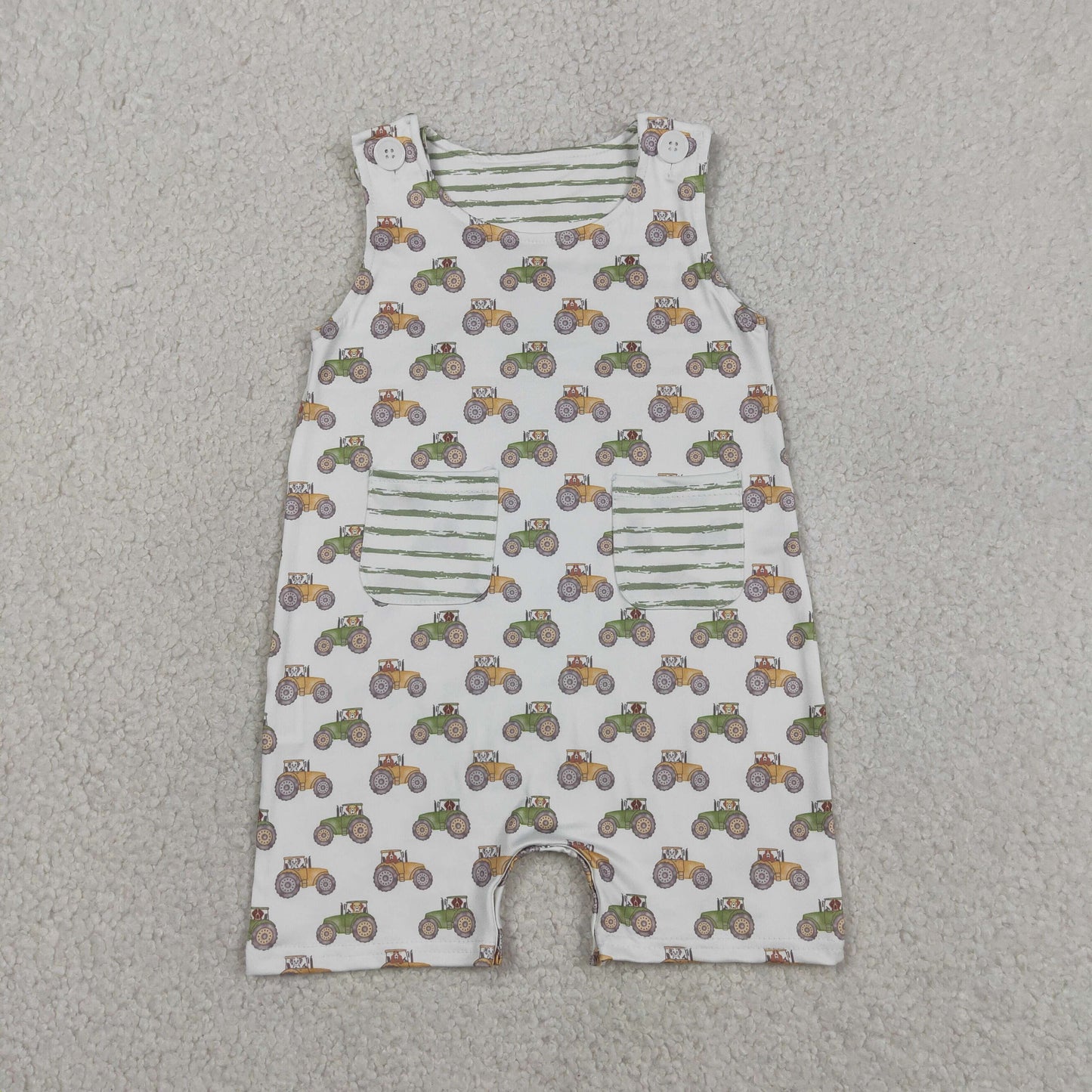 SR1586 Tractor Print Pockets Baby Boys Sleeveless Romper