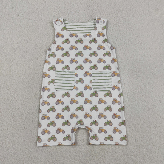 SR1586 Tractor Print Pockets Baby Boys Sleeveless Romper