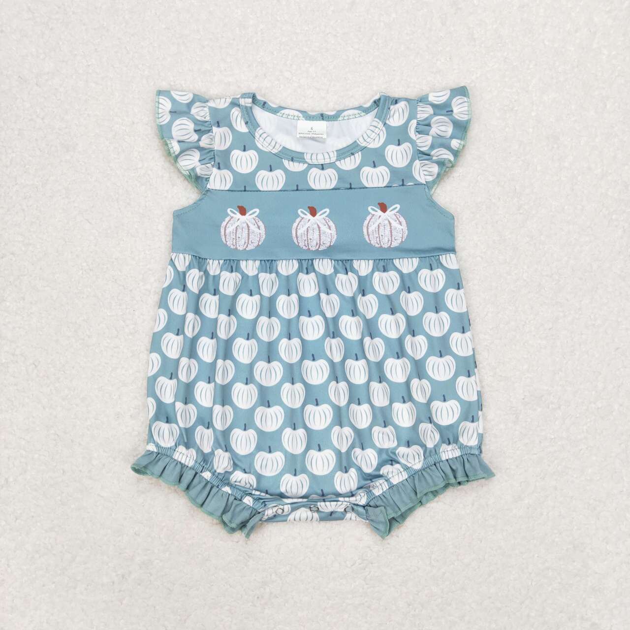 SR1706 Pumpkin Bows Blue Print Baby Girls Flutter Sleeve Romper