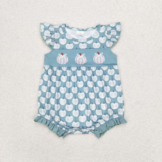 SR1706 Pumpkin Bows Blue Print Baby Girls Flutter Sleeve Romper