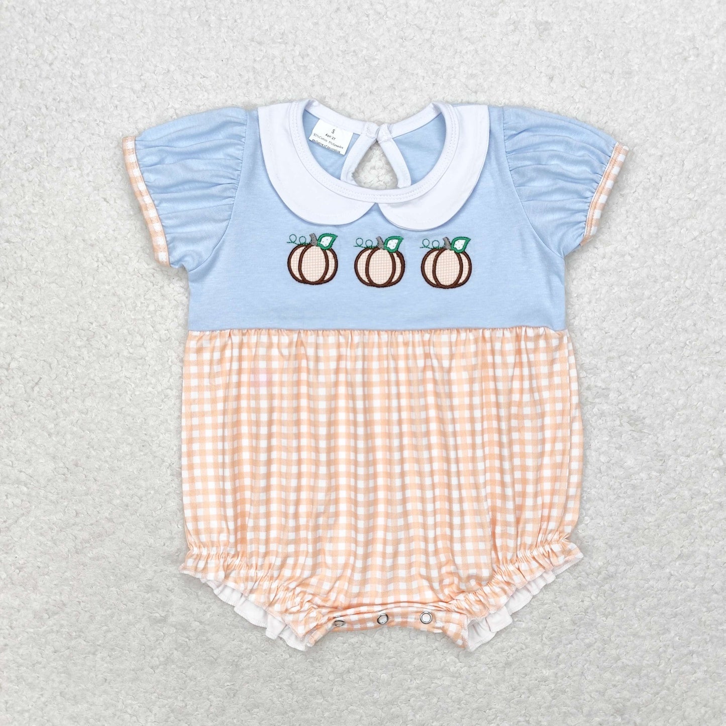 SR1710  Pumpkin Embroidery Checkered Baby Girls Fall Doll Collar Romper