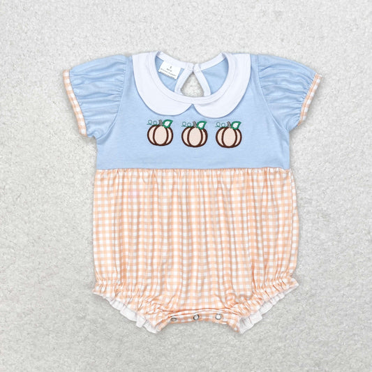 SR1710  Pumpkin Embroidery Checkered Baby Girls Fall Doll Collar Romper