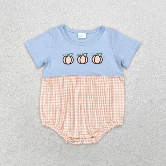 SR1711  Pumpkin Embroidery Checkered Baby Boys Fall Romper