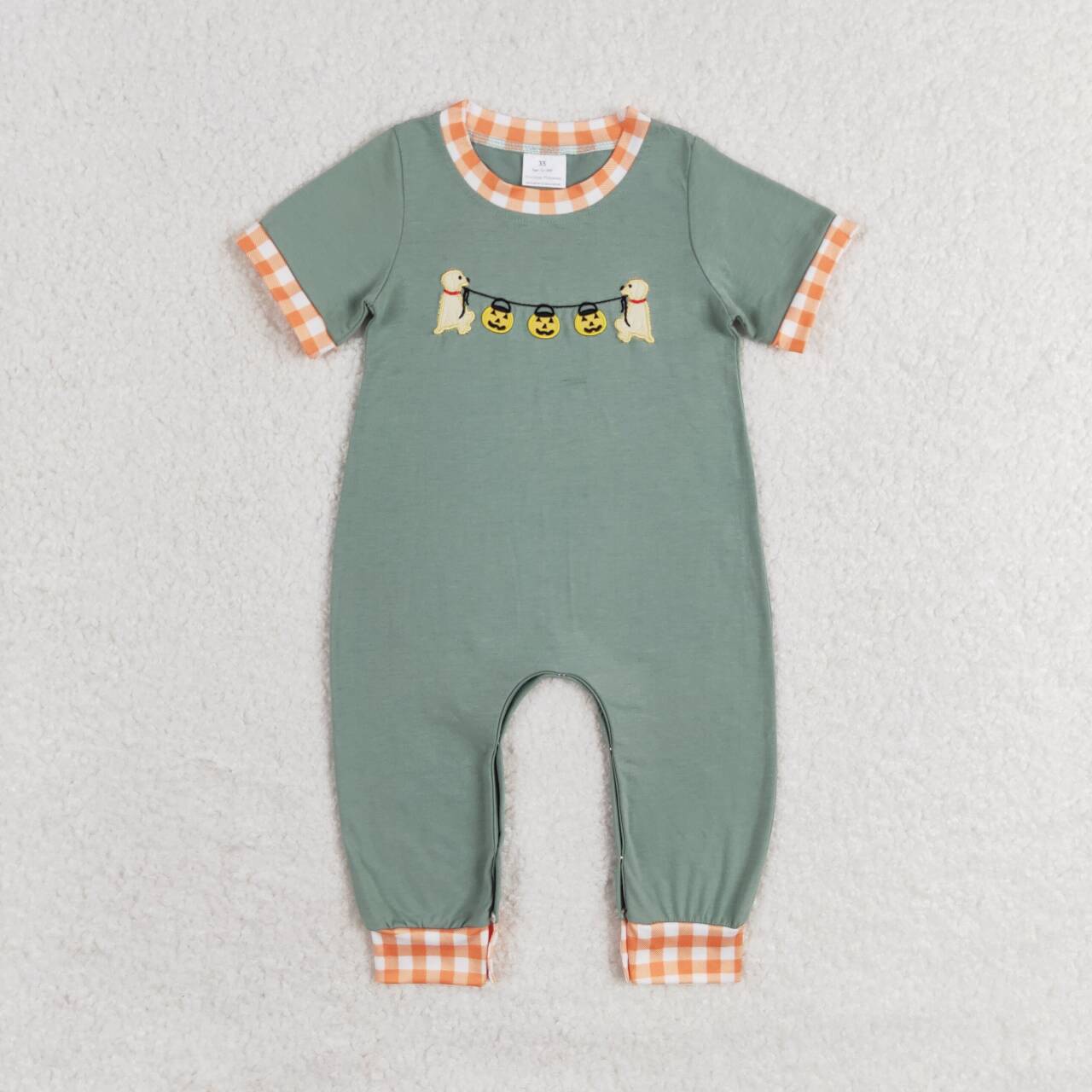 SR1793 Pumpkin Dog Embroidery Baby Boys Halloween Romper