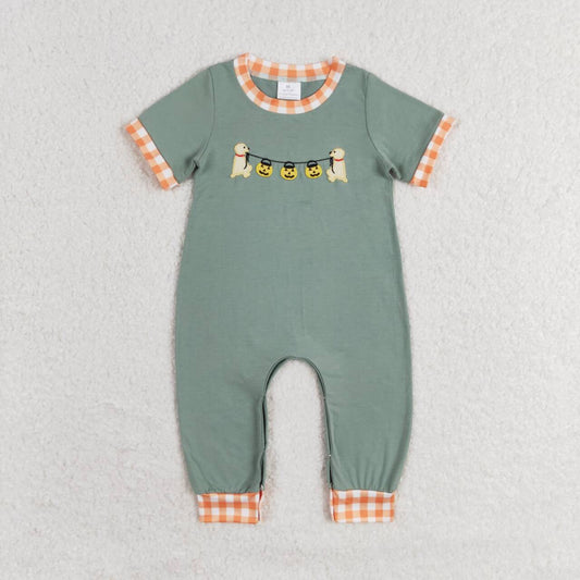SR1793 Pumpkin Dog Embroidery Baby Boys Halloween Romper