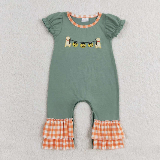 SR1794 Pumpkin Dog Embroidery Baby Girls Halloween Romper