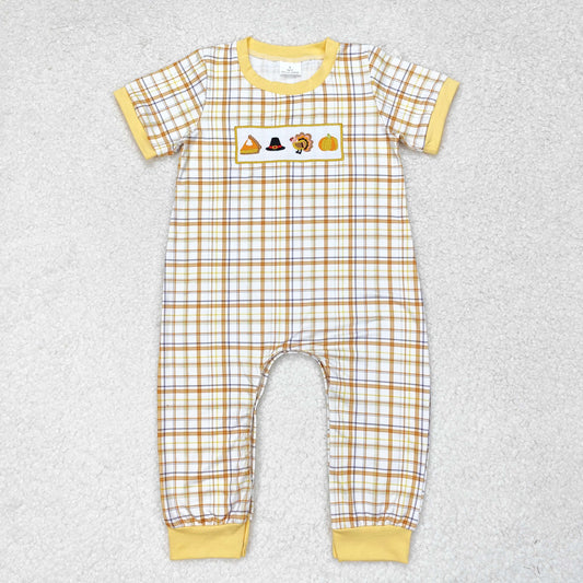 SR1869  Turkey Pie Pumpkin Embroidery Checkered Baby Boys Thanksgiving Romper