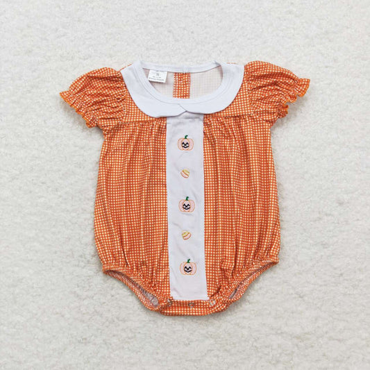 SR1879 Pumpkin Candy Embroidery Checkered Baby Girls Halloween Romper