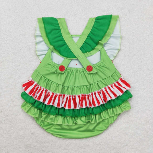 SR1912  Heart Print Baby Girls Christmas Green Ruffles Bubble Romper