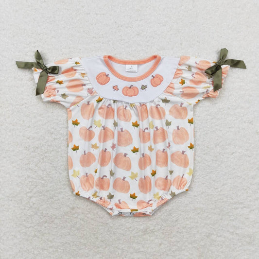 SR1917  Pumpkin Leaf Embroidery Baby Girls Fall Romper