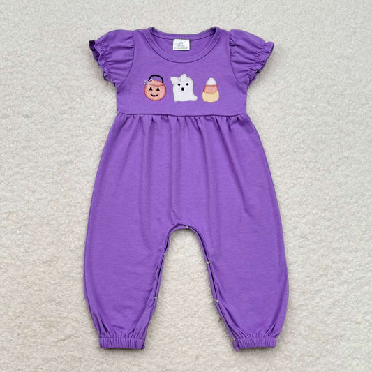 SR1927 Ghost Pumpkin Candy Embroidery Purple Cotton Baby Girls Halloween Romper