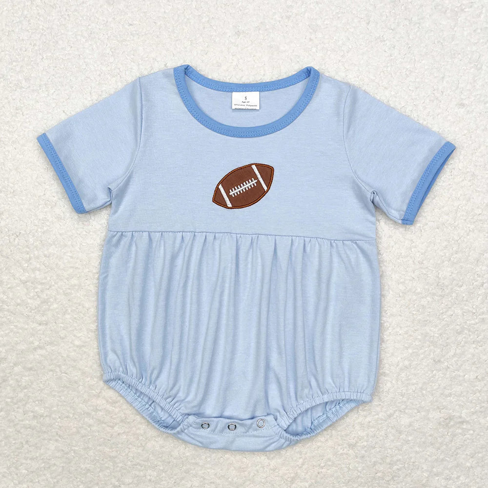 SR1946 Baby Boys Football Blue Striped Short Sleeve Bubble Romper