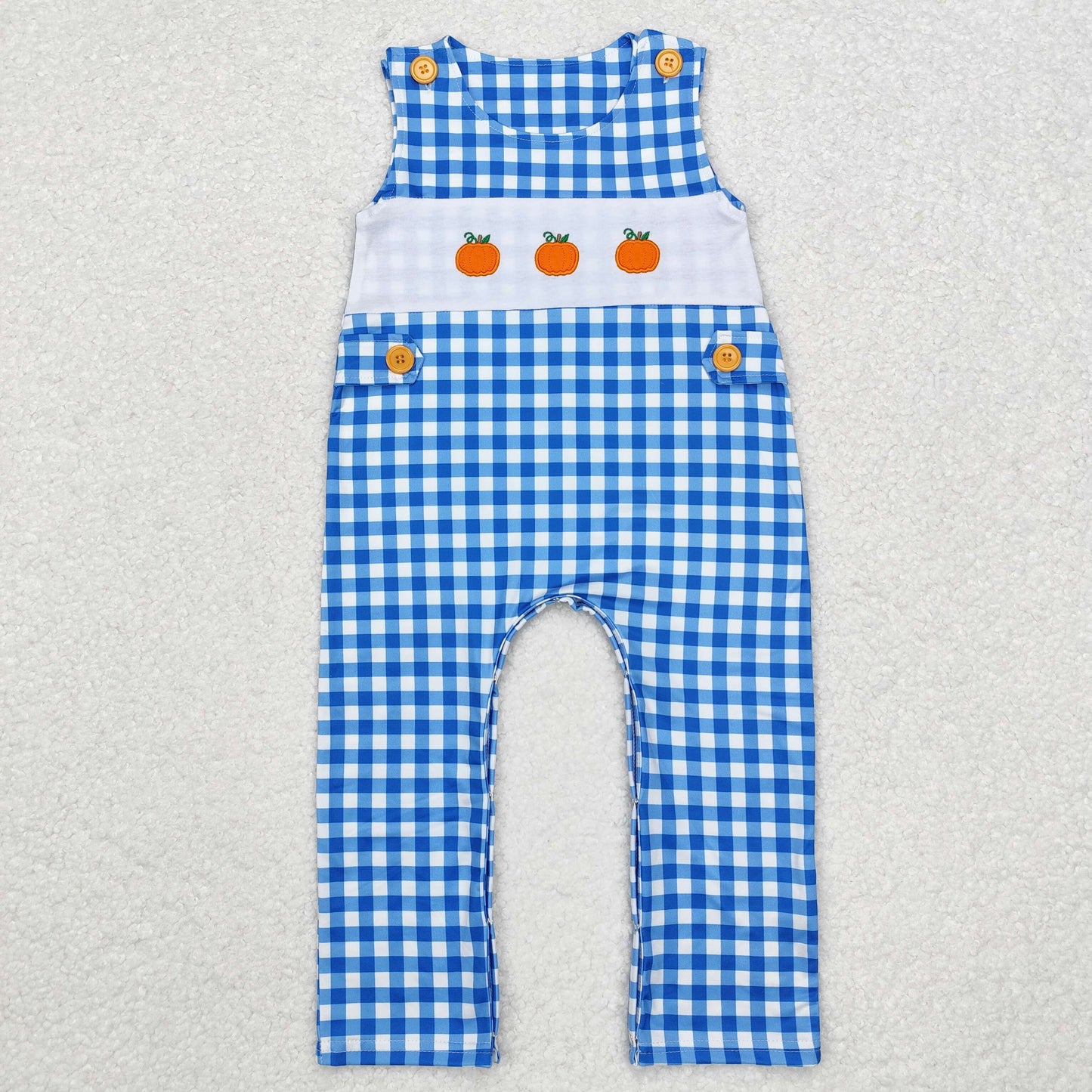 SR1949  Pumpkin Embroidery Blue Checkered Baby Boys Fall Sleeveless Romper