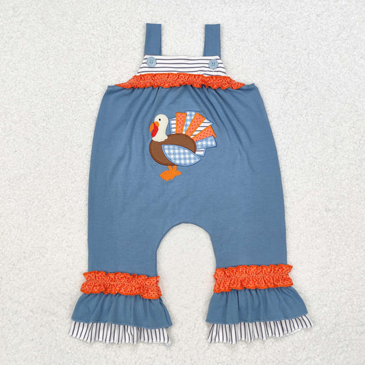 SR1952 Turkey Embroidery Blue Baby Girls Thanksgiving Ruffle Strap Jumpsuits