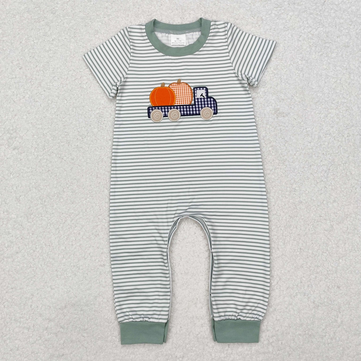 SR1958  Pumpkin Embroidery Stripes Baby Boys Fall Romper