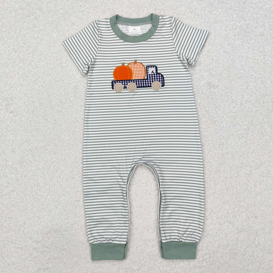 SR1958  Pumpkin Embroidery Stripes Baby Boys Fall Romper