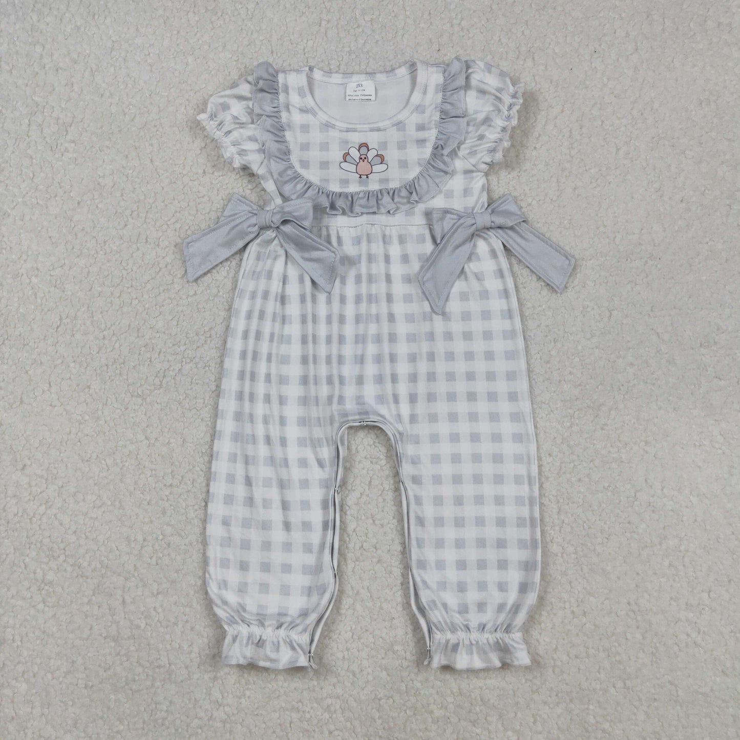 SR1970 Turkey Grey Checkered Print Baby Girls Thanksgiving Romper