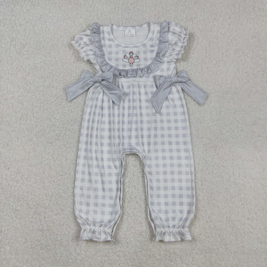 SR1970 Turkey Grey Checkered Print Baby Girls Thanksgiving Romper