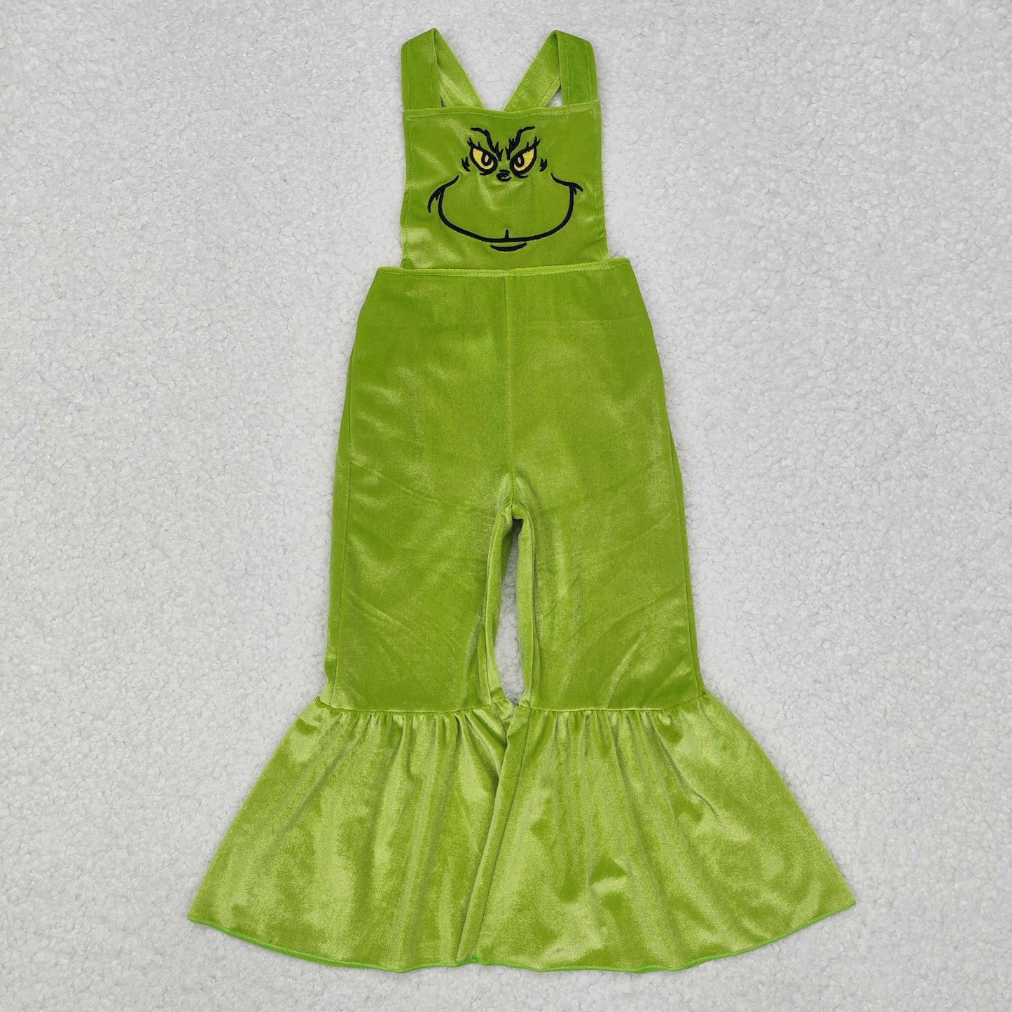SR2013 Green Frog Smiling Embroidery Lime Velvet Baby Girls Christmas Strap Overall Jumpsuits