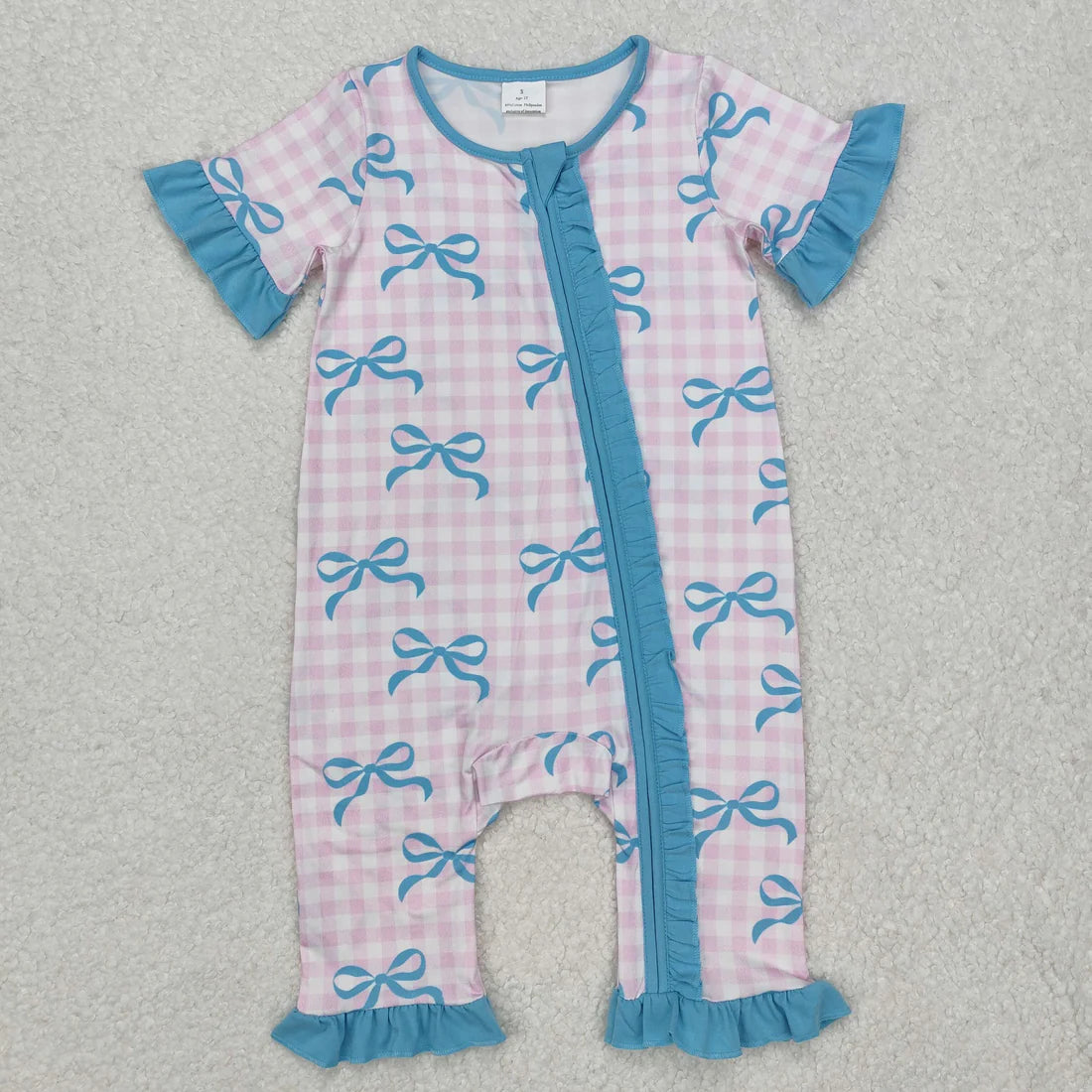 Sibling Baby Girls Pink Checkered Bows Rompers Pajamas Sets