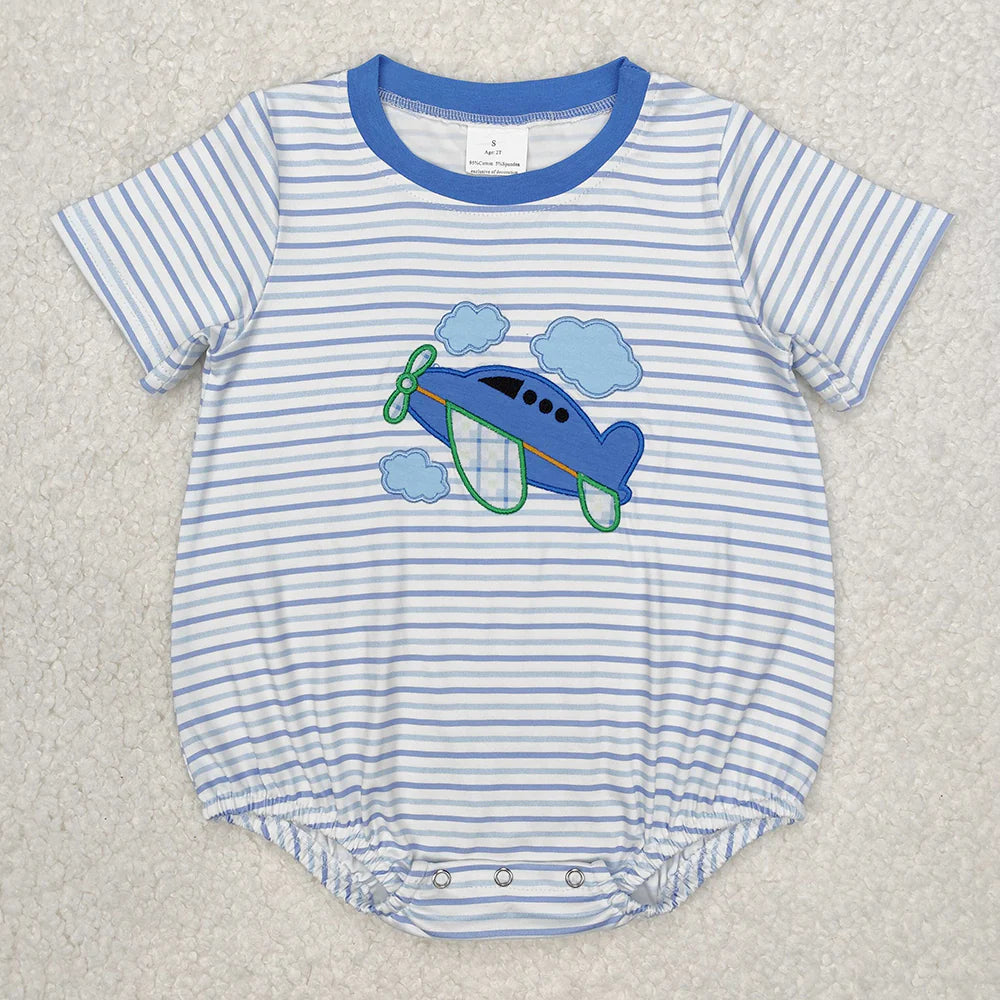 Embroidery Baby Infant Boys Plane Stripes Short Sleeve Rompers