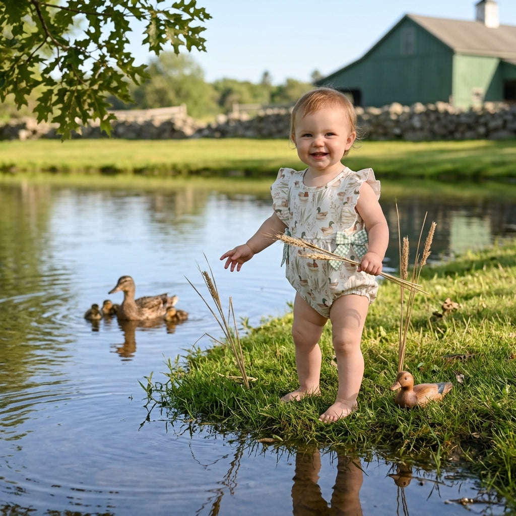 SR2257 Duck Print Baby Girls Bows Ruffle Romper