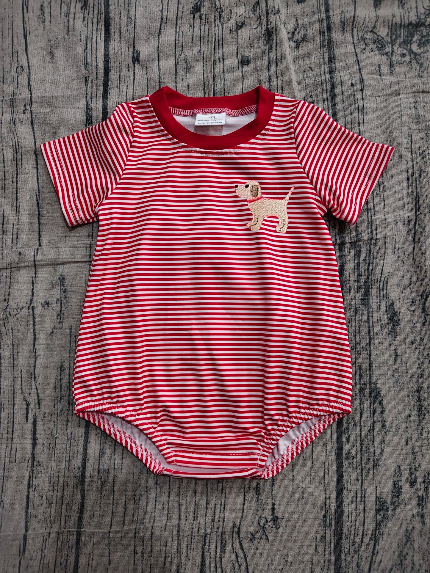 Baby Red Stripe Puppy Romper - Short Sleeve Dog Applique Bubble Onesie Preorder