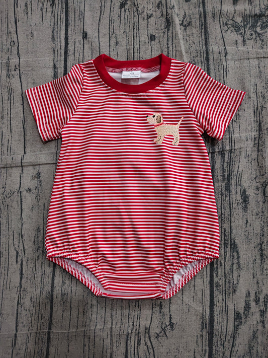 Baby Red Stripe Puppy Romper - Short Sleeve Dog Applique Bubble Onesie Preorder