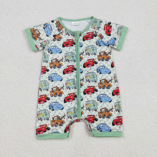 SR2373 Cartoon Cars Print Baby Shorts Zipper Sleeper Romper