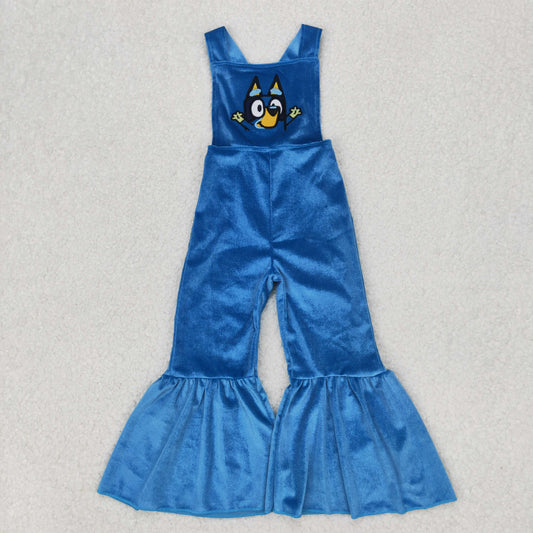 SR2445 Cartoon Dog Embroidery Blue Velvet Baby Girls Strap Overall Jumpsuits