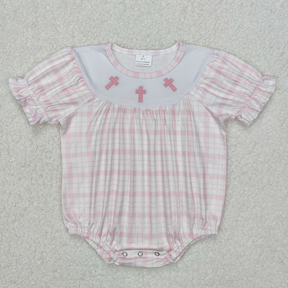SR2504 Cross Embroidery Pink Plaid Print Baby Girls Easter Romper
