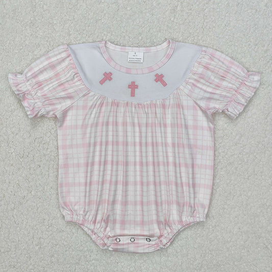 SR2504 Cross Embroidery Pink Plaid Print Baby Girls Easter Romper