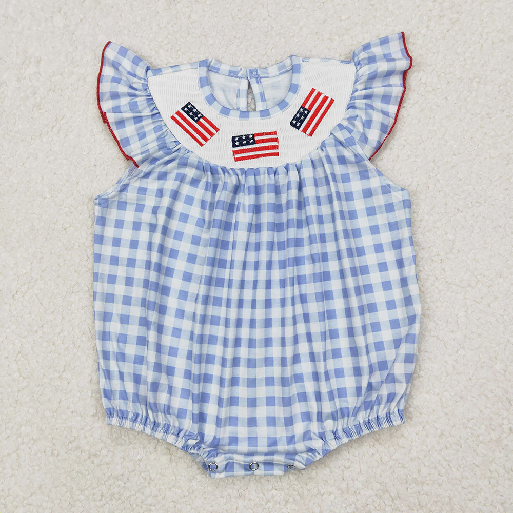 SR2571 Flag Embroidery Blue Plaid Baby Girls 4th of July Smocked Romper