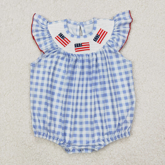 SR2571 Flag Embroidery Blue Plaid Baby Girls 4th of July Smocked Romper