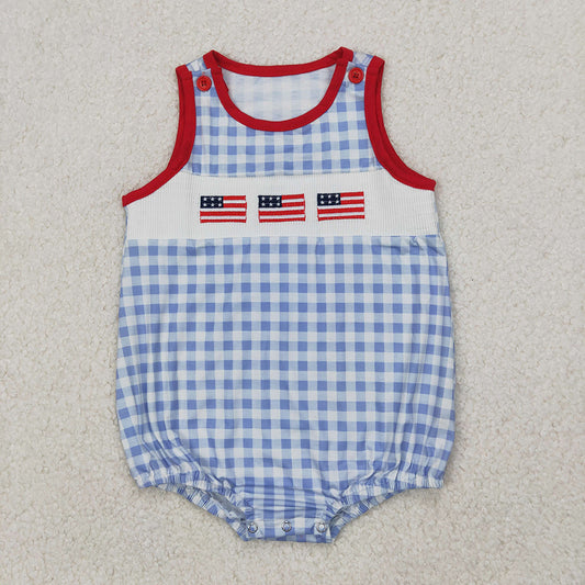 SR2572 Flag Embroidery Blue Plaid Baby Boys 4th of July Smocked Romper