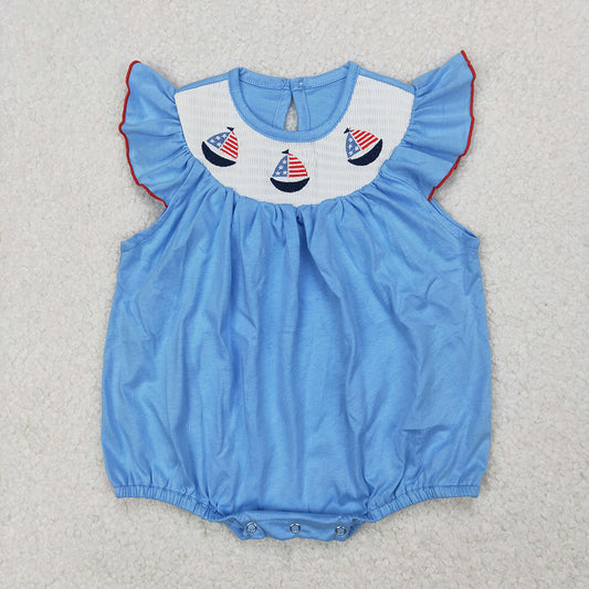 SR2573 Flag Sailboat Embroidery Blue Cotton Baby Girls 4th of July Romper
