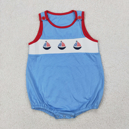 SR2574 Flag Sailboat Embroidery Blue Cotton Baby Boys 4th of July Romper