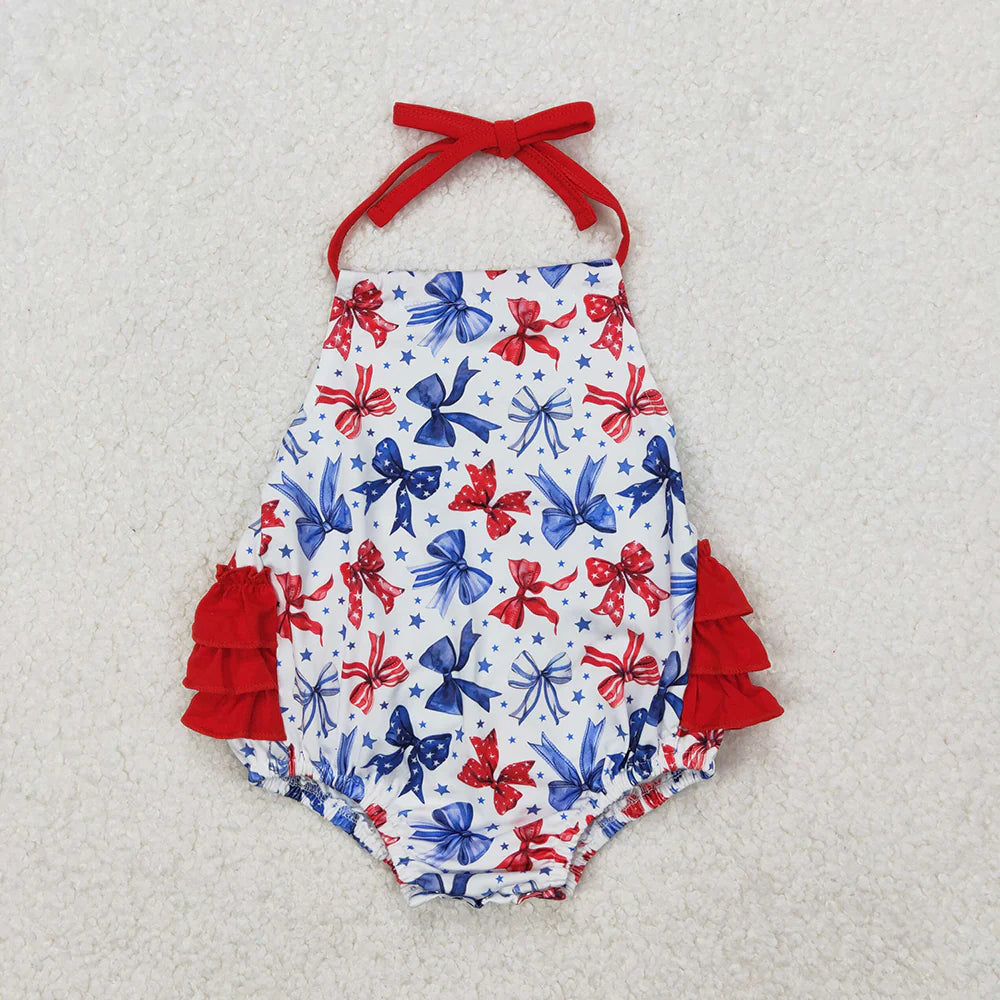 Sibling Baby Girls 4th of July Bows Halter Shorts Set Rompers