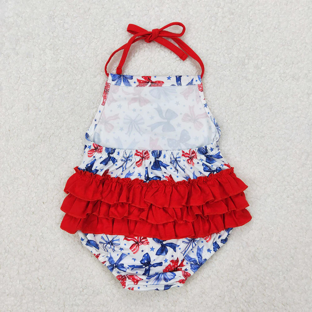 Sibling Baby Girls 4th of July Bows Halter Shorts Set Rompers