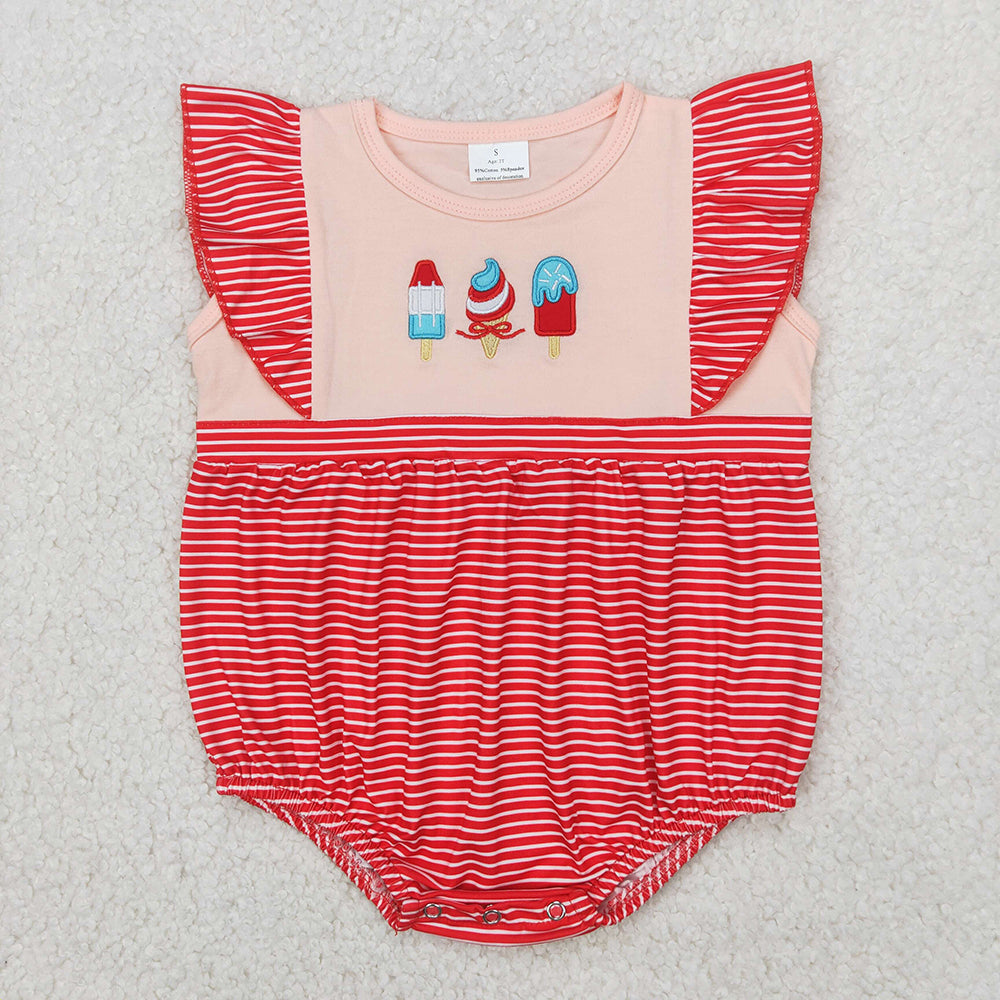 SR2635 Popsicle Embroidery Stripes Baby Girls 4th of July Flutter Sleeve Romper