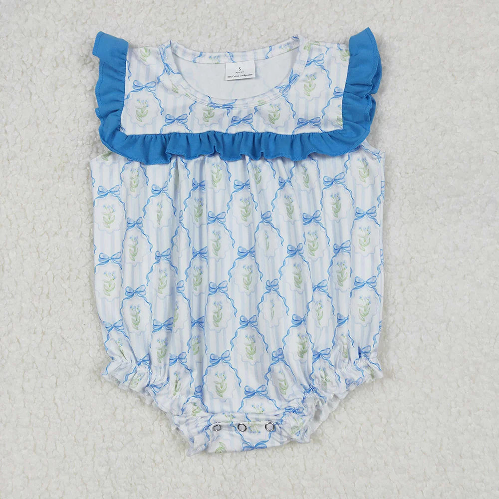 Sibling Baby Girls Blue Bows Flowers Rompers Dresses Clothes Sets
