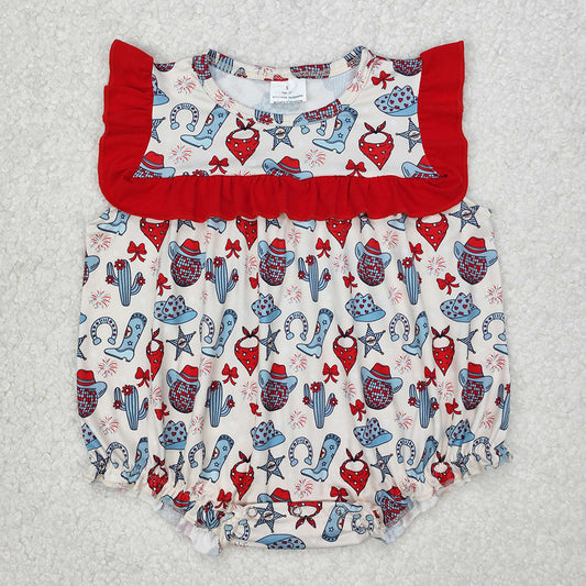 SR2680 Cowboy Hat Boots Stars Baby Girls 4th of July Western Romper