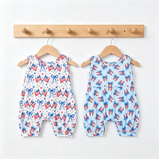 Sibling Baby Girls Boys 4th of July Flage Bow Sleeveless Romper
